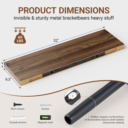 Heimlove 32 Inch Floating Shelves for Wall,Walnut 9.3" Deep Floating Shelf Set of 2,Wall Mounted