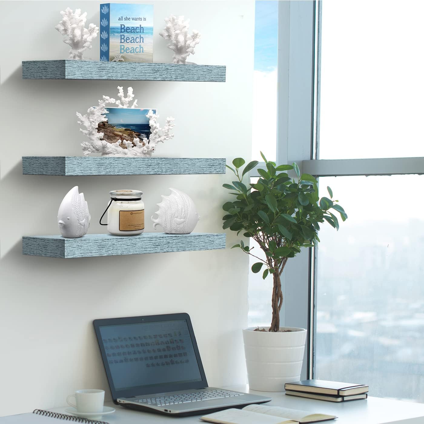 Sorbus Floating Shelves - 3 Pack 16 Inch Rustic Blue Wall Shelves for Bedroom, Kitchen, Living