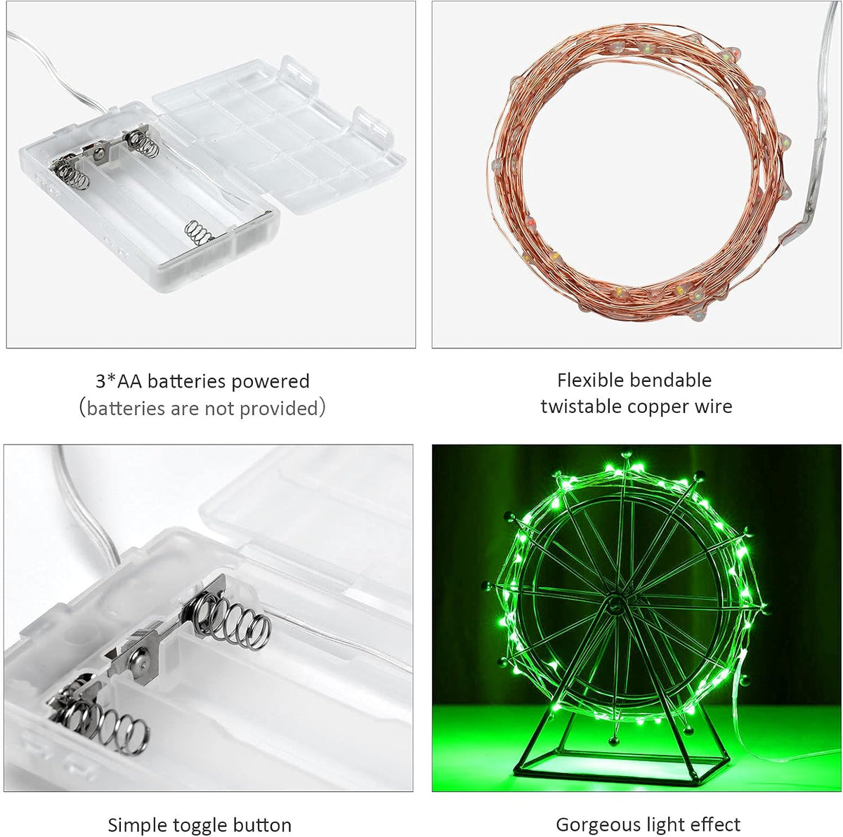 Mini St. Patrick's Day Fairy Lights Battery Operate, 2 Pack Copper Wire 3*AAA Battery Powered Led