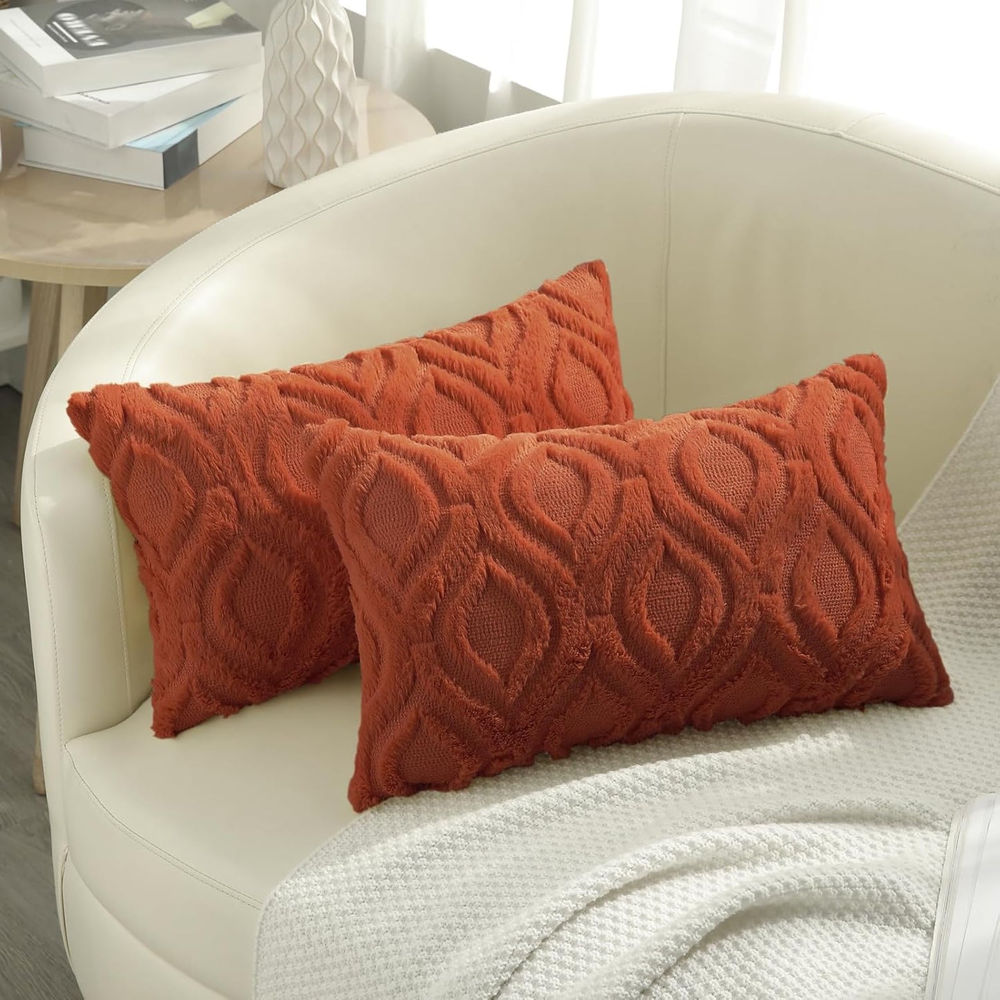 decorUhome Fall Throw Pillow Covers 12x20 Inch Set of 2, Soft Plush Decorative Faux Fur Rust Solid