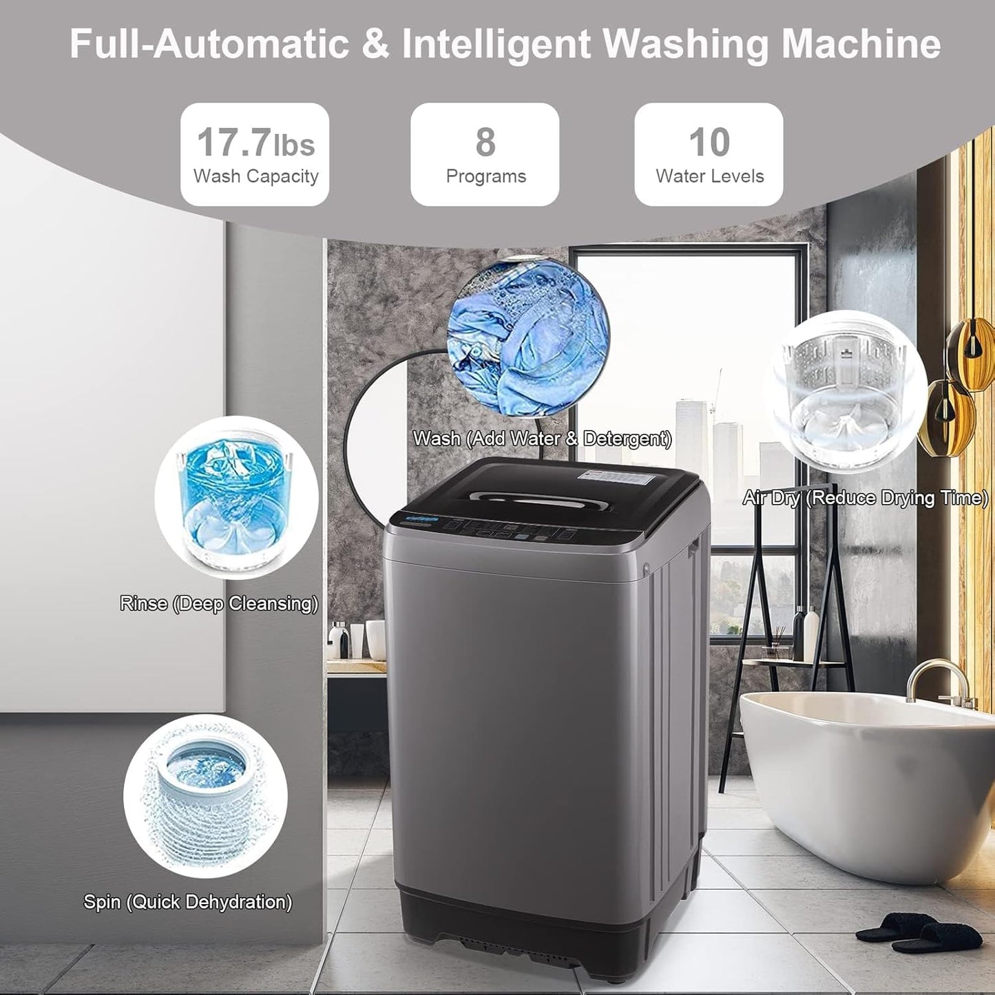 17.7 lbs Full Automatic Washing Machine with LED Display Compact Drain Dump, 10 Wash Programs and 8