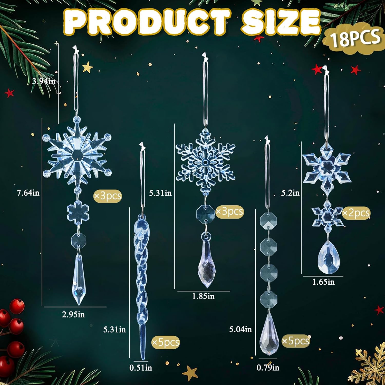 18pcs Crystal Christmas Ornaments for Christmas Tree Decorations-Blue Hanging Acrylic Snowflake and