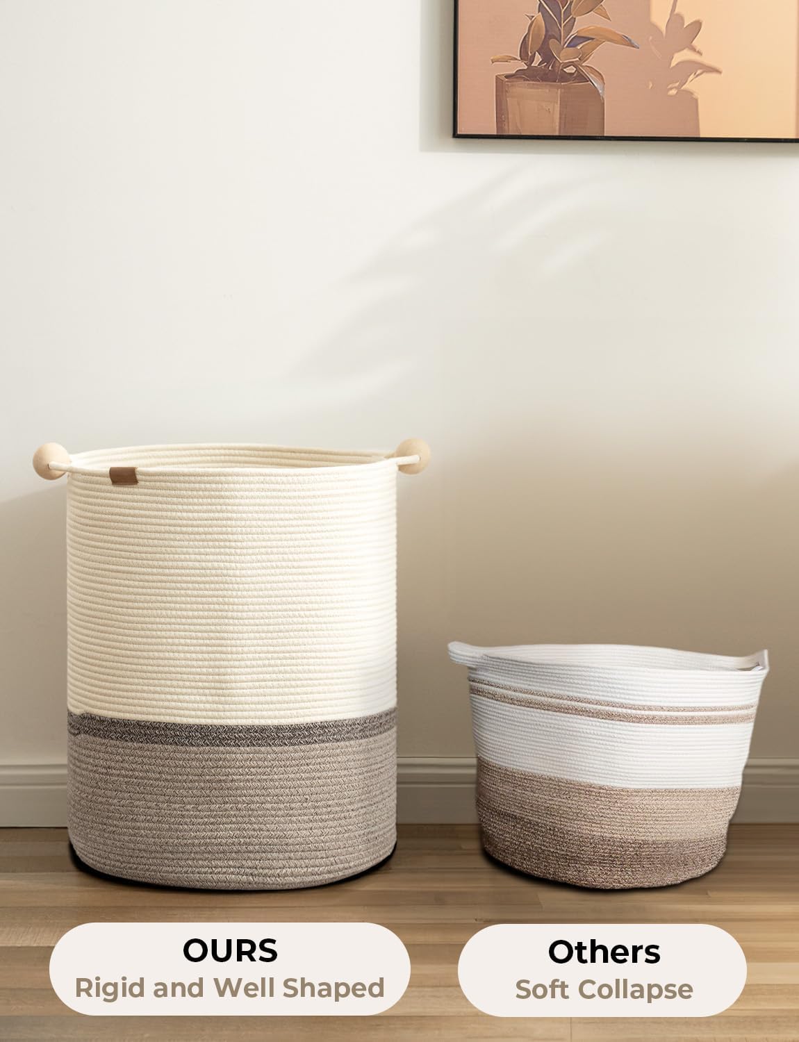 StorageWorks 72L Cotton Rope Laundry Basket with Wooden Beads Handles, Woven Basket for Storage