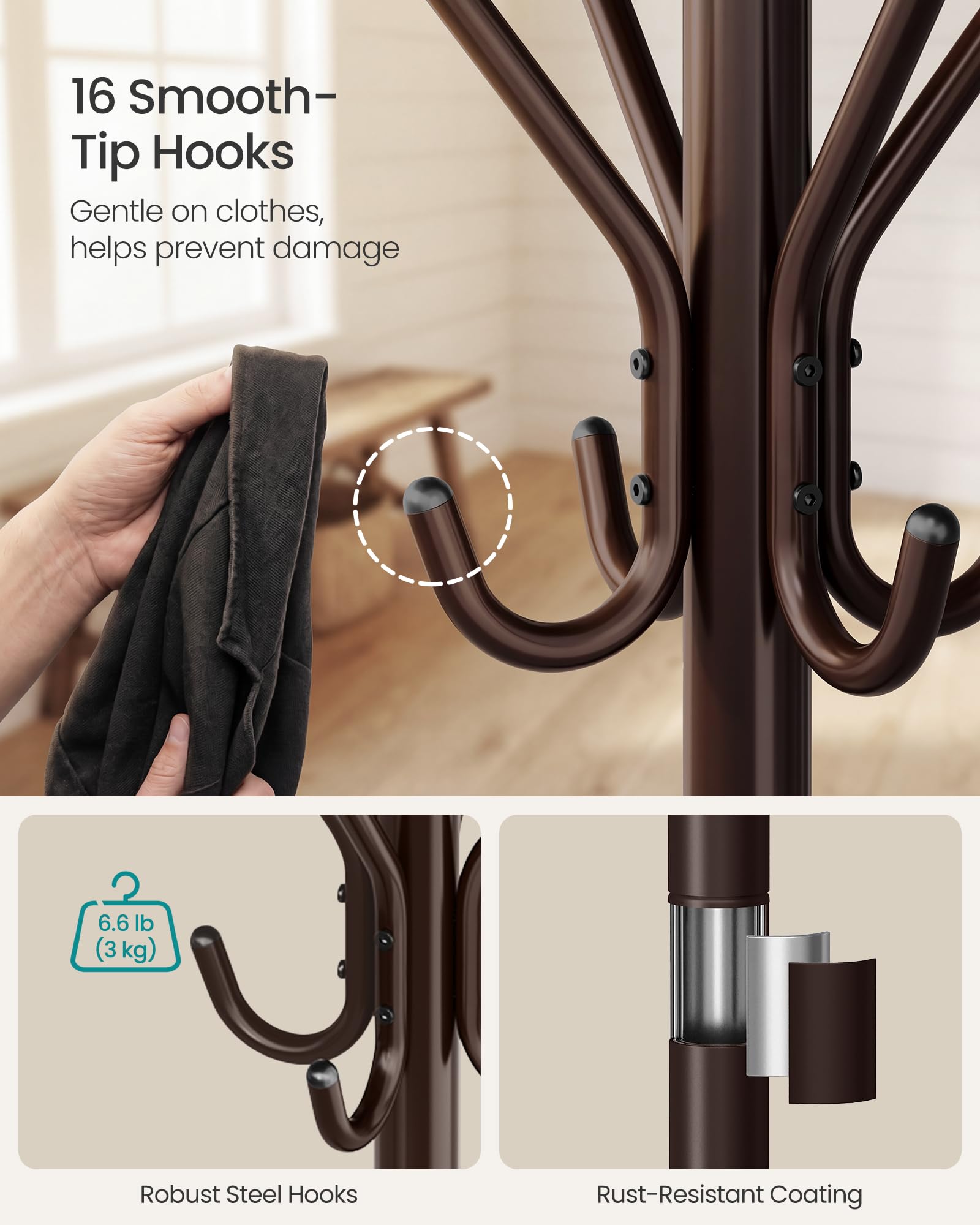 SONGMICS Coat Rack Freestanding with 16 Hooks, Metal Coat Tree Stand with 4 Adjustable Feet