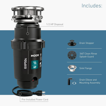 Moen Prep Series PRO Continuous Feed Compact Garbage Disposal for Kitchen Sink with Power Cord