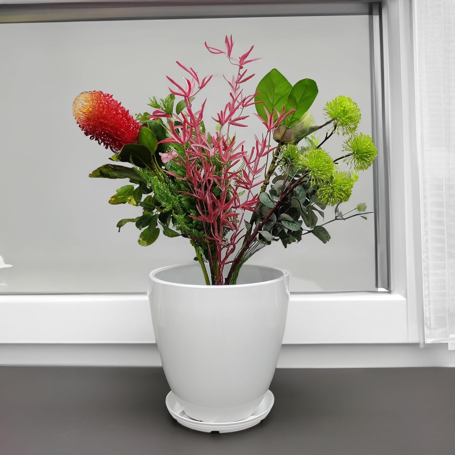 FixtureDisplays® 9.8" Diameter 11" Tall White Plant Pots, Plastic Flower Pots with Drainage Holes