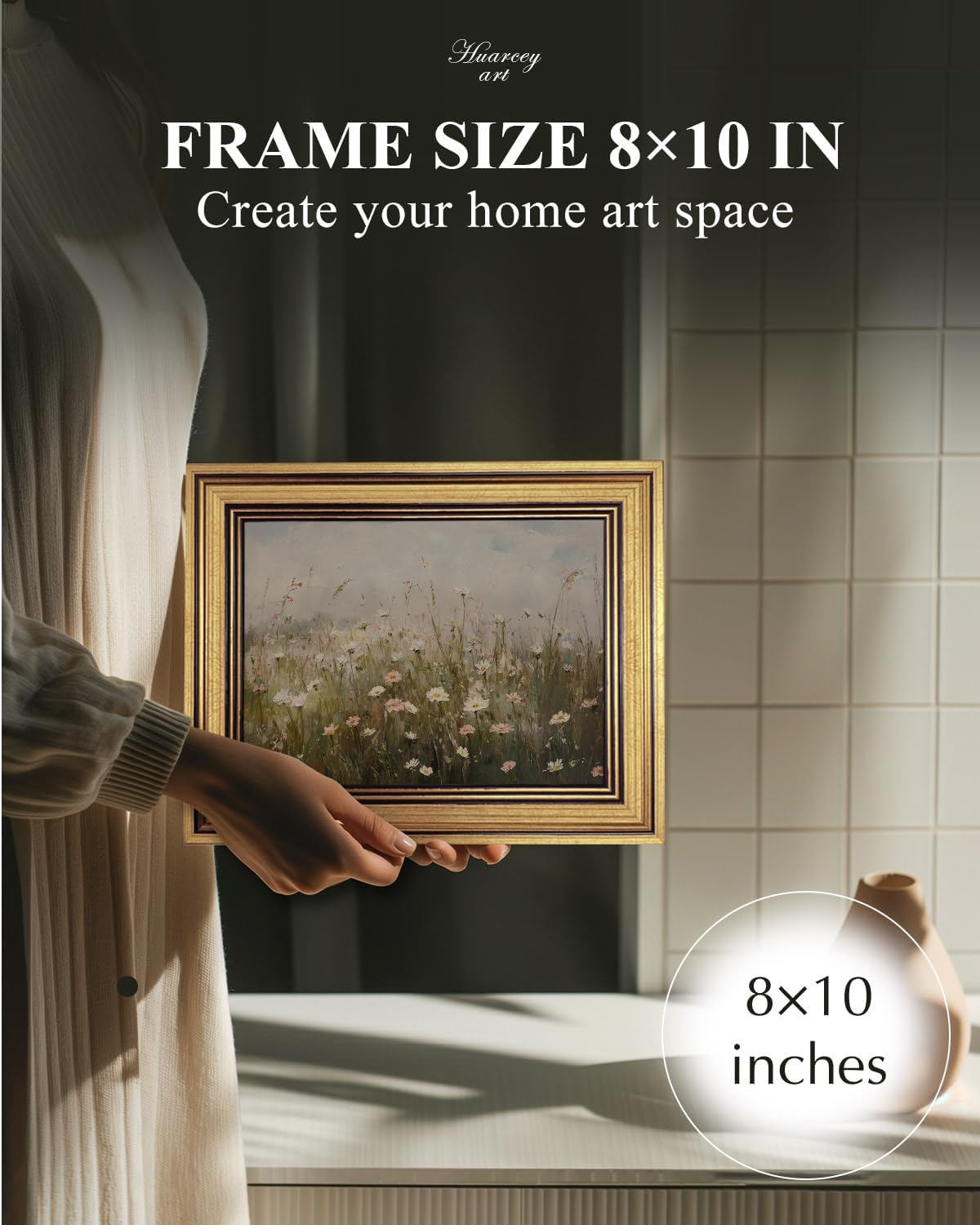 HUARCEY Gold Framed Vintage Wall Art for Living Room Wildflower Field Landscape Decor Aesthetic