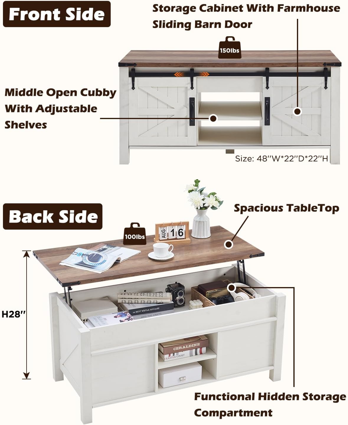 OKD 48" Farmhouse Lift Top Coffee Table with Sliding Barn Door,Rustic Center Table with Hidden