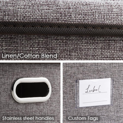 PRANDOM Large Collapsible Storage Bins with Lids [3-Pack] Linen Fabric Foldable Storage Boxes