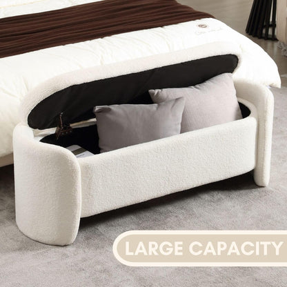 ROCTY White Boucle Storage Bench - 50" Sherpa Ottoman Bench for Bedroom, Entryway, Living Room &
