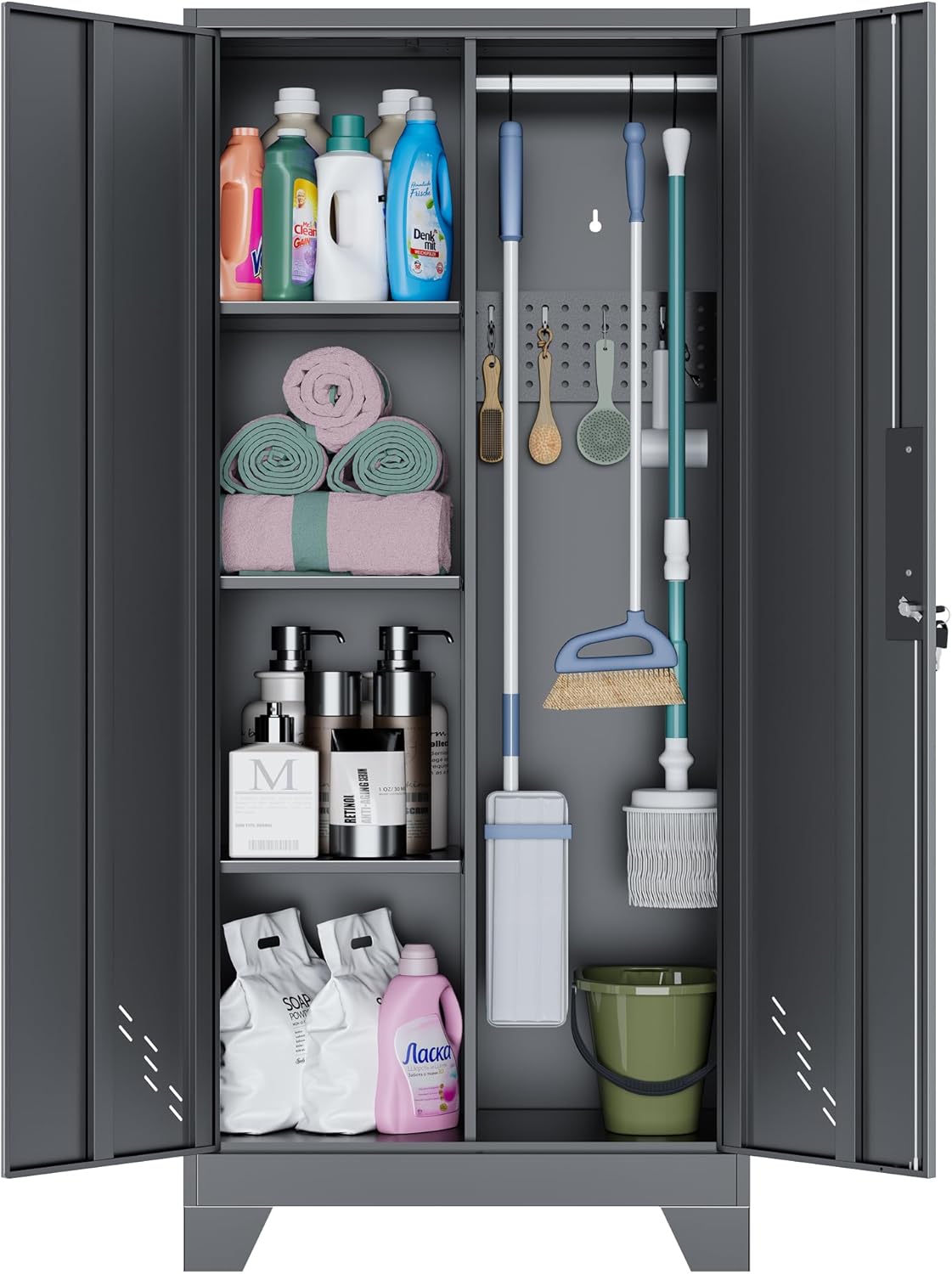 Metal Storage Cabinet with Locking Doors, 61" Tall Garage with Hanging Rod, Broom Closet