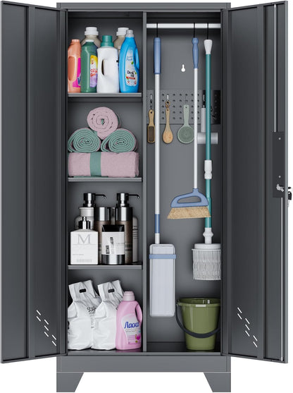 Metal Storage Cabinet with Locking Doors, 61" Tall Garage with Hanging Rod, Broom Closet
