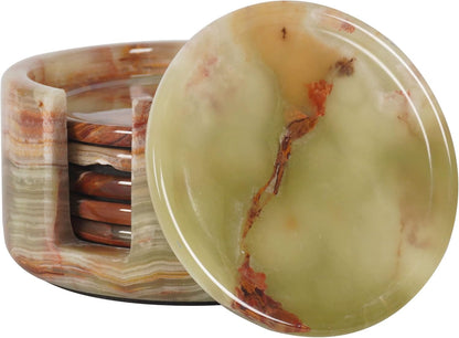 Marble Coasters Set of 6 Green Onyx 3.5 Inch Round Coaster for Drinks with Holder, Drink Coaster