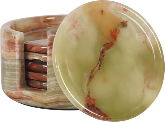 Marble Coasters Set of 6 Green Onyx 3.5 Inch Round Coaster for Drinks with Holder, Drink Coaster