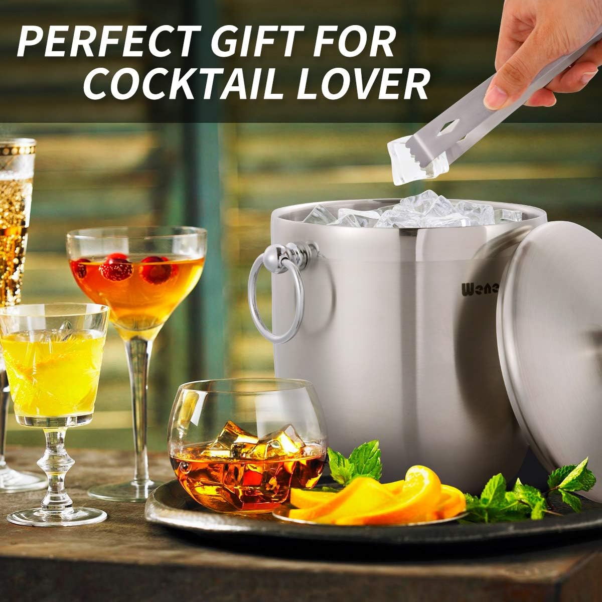 Ice Bucket with Lid, Scoop, Tongs and Strainer - Well Made Insulated Stainless Steel Keep Ice