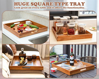 Large Ottoman Tray for Living Room, 20" Extra Large Tray for Ottoman Square Acacia Serving Trays