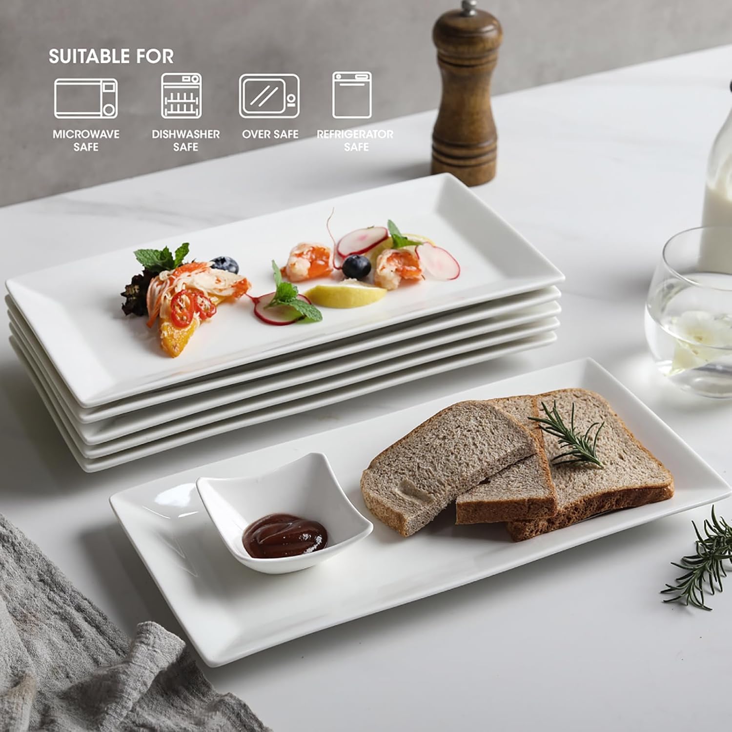 12" Serving Platters Set of 4, White Rectangular Plates, Ceramic Serving Tray, Stackable Large