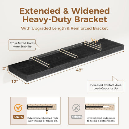 Black Floating Shelves 48 Inch Long, 12 Inch Deep Floating Shelves for Wall, 48 x 12 Large Wall