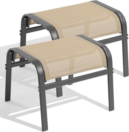 Outdoor Ottoman Set of 2, All Weather Outdoor Foot Stool with Supportive Textliene and Metal Frame