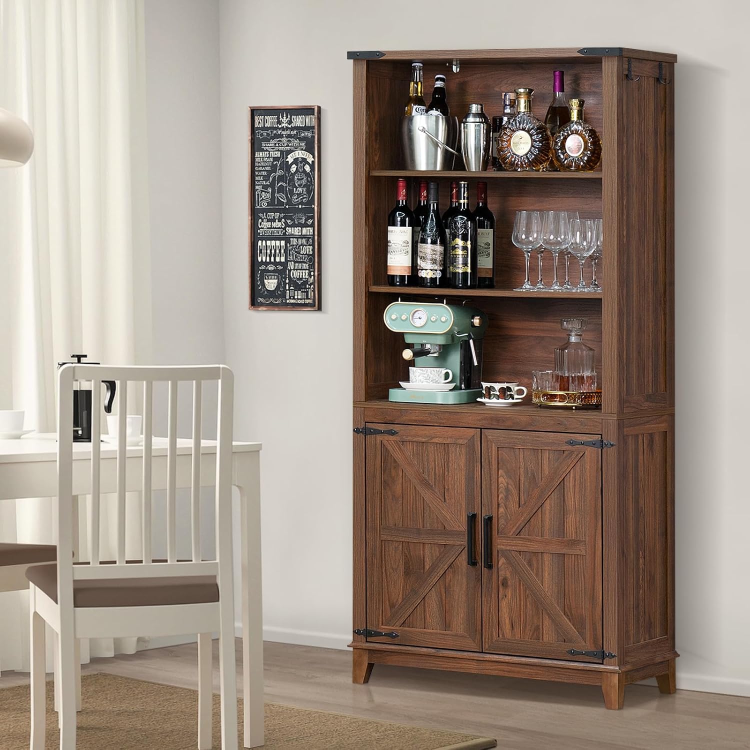 70in Tall Bookshelf 5 Tier Bookcase with Barn Doors and Adjustable Shelves, Brown Farmhouse Book