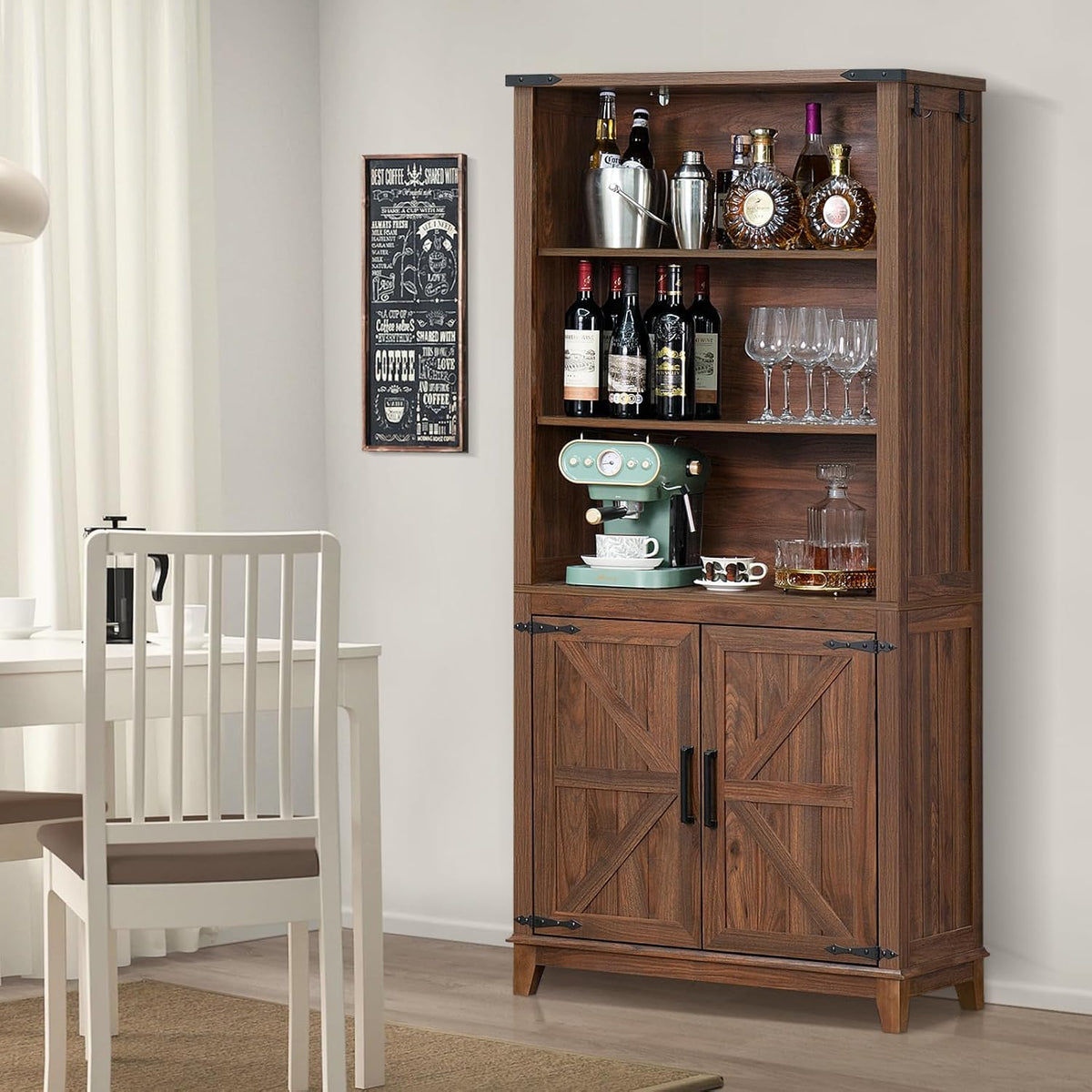 70in Tall Bookshelf 5 Tier Bookcase with Barn Doors and Adjustable Shelves, Brown Farmhouse Book