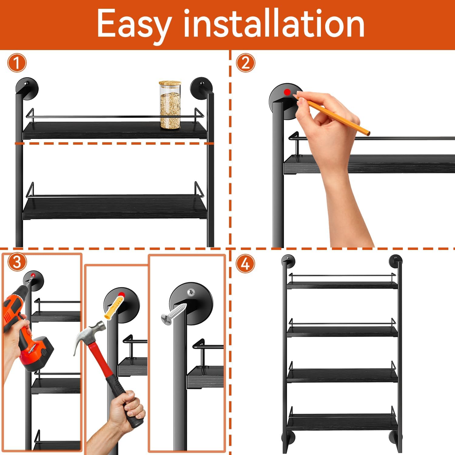 IBUYKE Spice Rack Wall Mount,4 Tier Hanging Seasoning Organizer, Spice Rack for Wall for up to 50