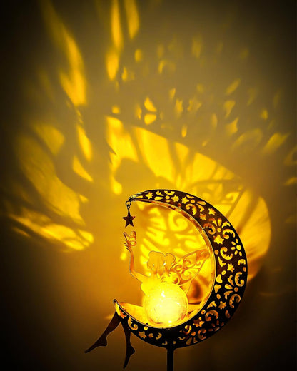 Solar Garden Statues Outdoor Decor, Fairy Moon Figurine Light Stake, Housewarming Ornament for