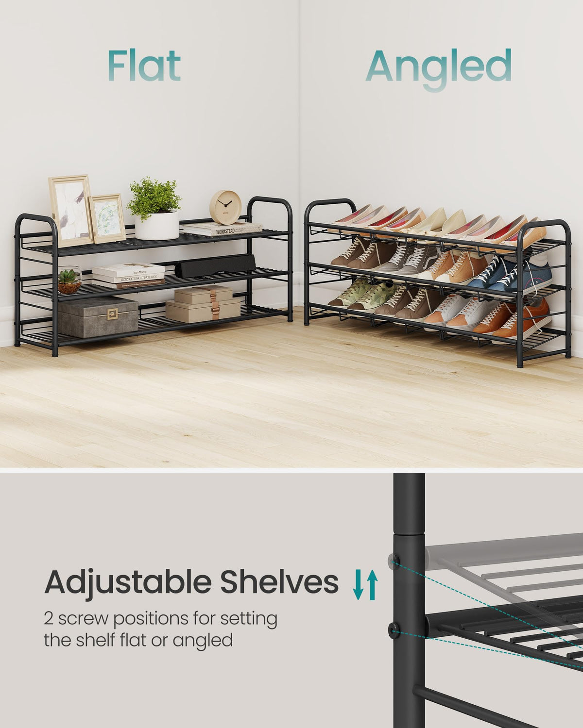 SONGMICS Stackable Shoe Rack, 3 Tier Metal Shoes Rack Storage Shelf, Holds up to 15 Pairs