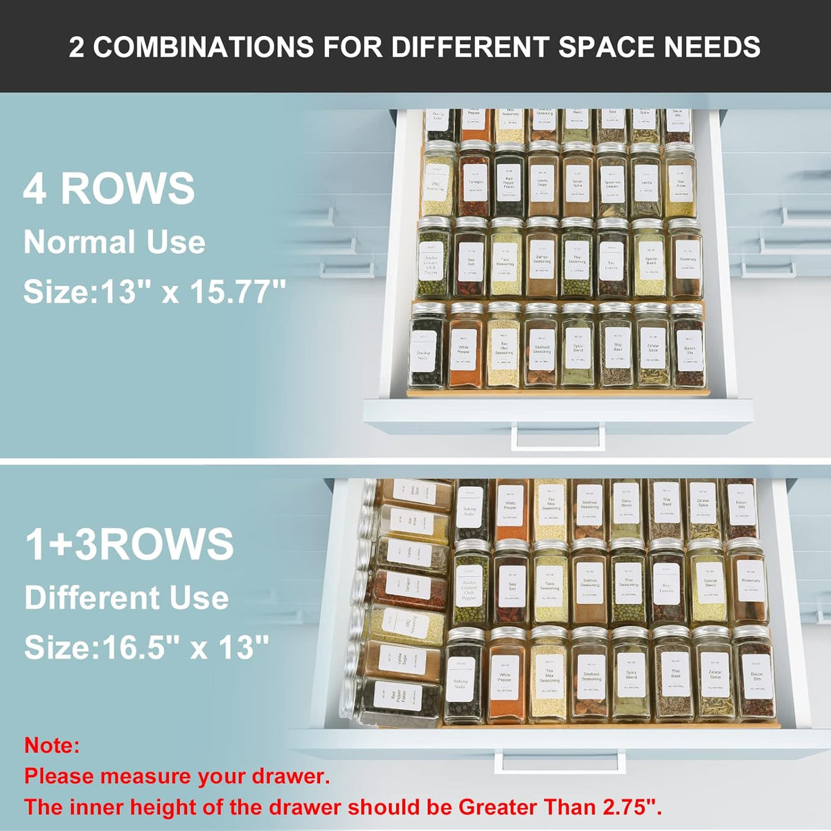 Spice Drawer Organizer with 24 Spice Jars and 216 Labels,Non-slip Rubber, Bamboo 4 Tier Spice Racks