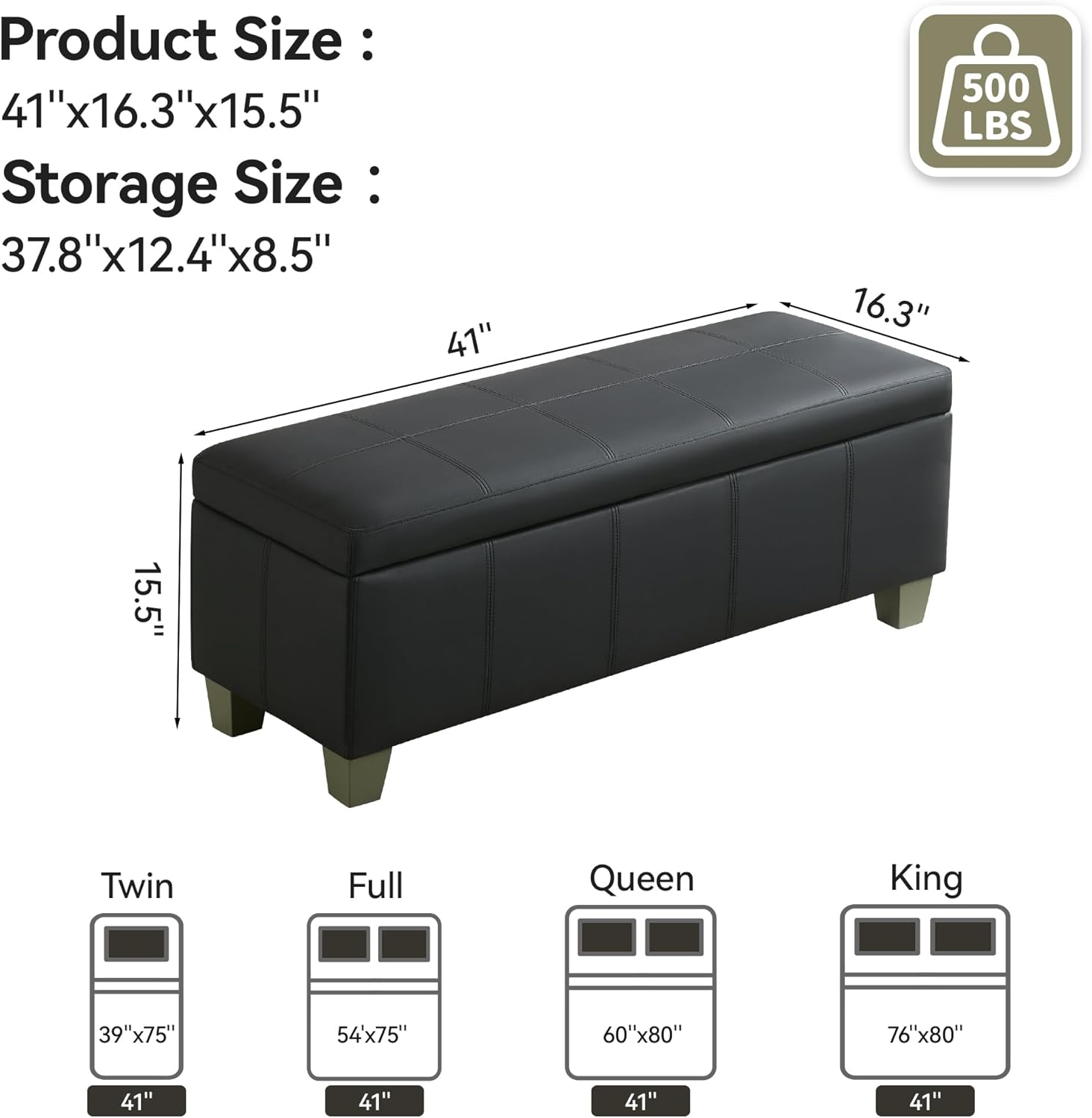 41" Faux Leather Storage Ottoman, Stitch Tufted Rectangle Upholstered End of Bed Storage Bench