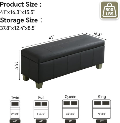 41" Faux Leather Storage Ottoman, Stitch Tufted Rectangle Upholstered End of Bed Storage Bench