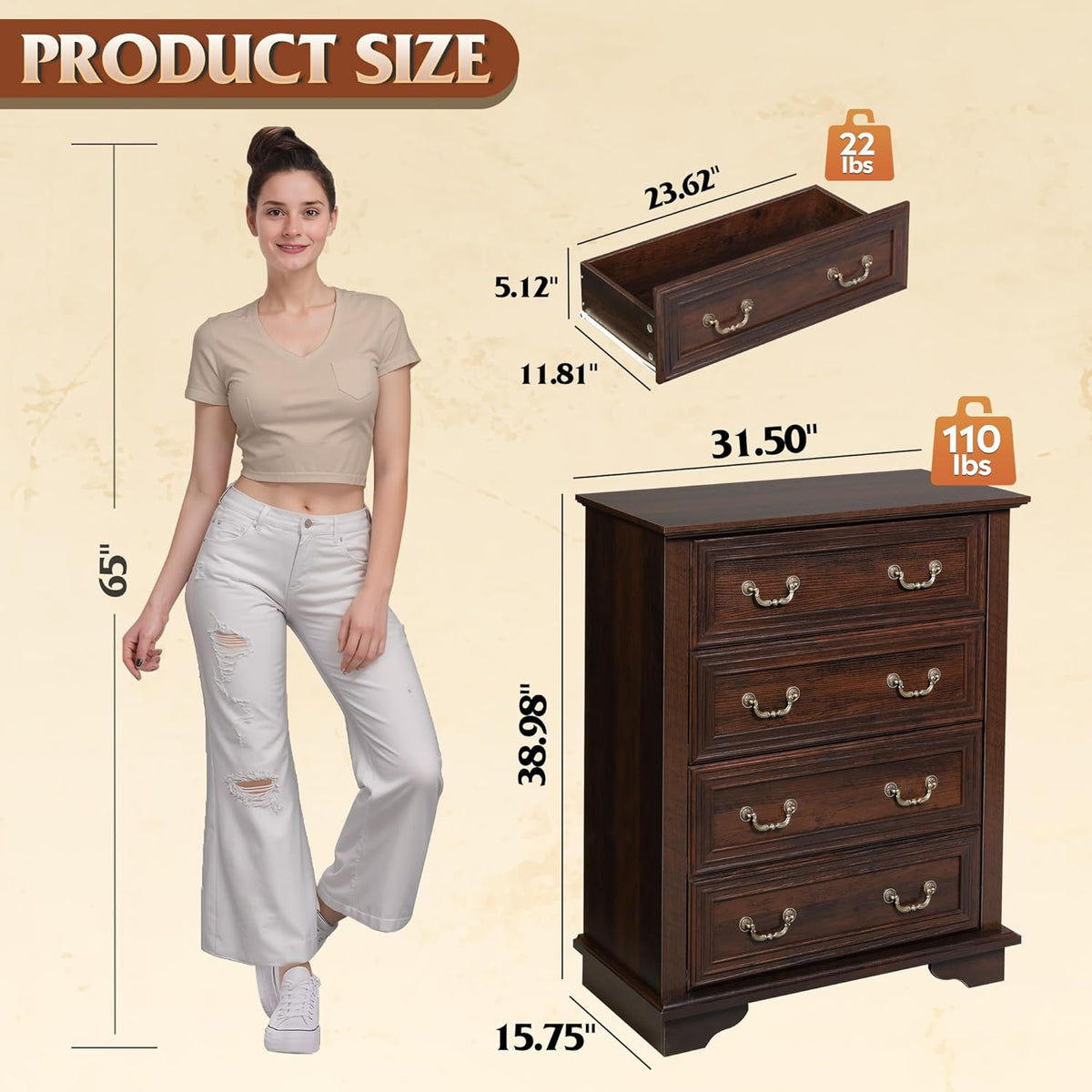WLIVE Farmhouse Dresser for Bedroom, Tall Wood Dresser with 4 Drawers, Chest of Drawers with Roman