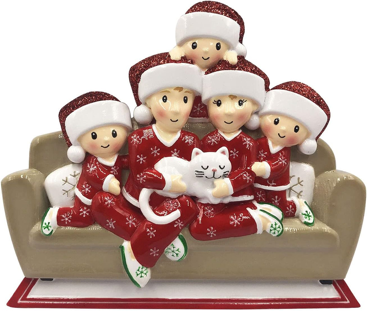 3D Matching Pajama Family of 5 with Cat Ornament 2025 Personalized Family Christmas Ornaments 2025