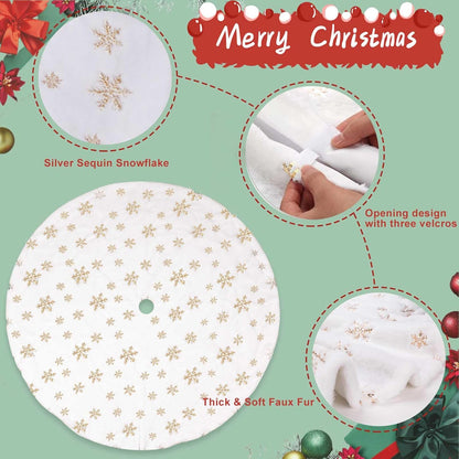 Christmas Tree Skirt, 48 Inch White Luxury Faux Fur & Gold Sequin Snowflakes, 4ft Xmas Tree Skirt