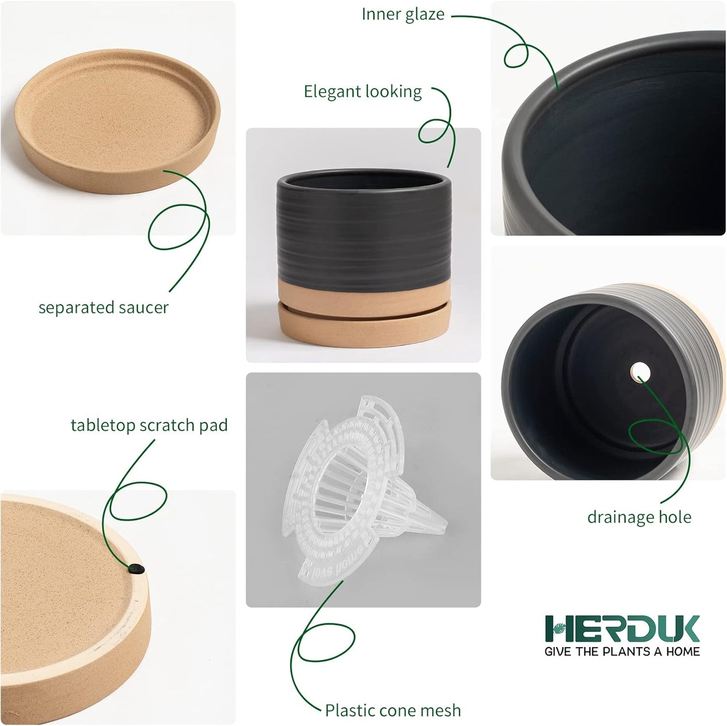 6 Inch Plant Pots, Ceramic Planter Pot with Drainage Hole & Saucer, Indoor/Outdoor Cylinder Round