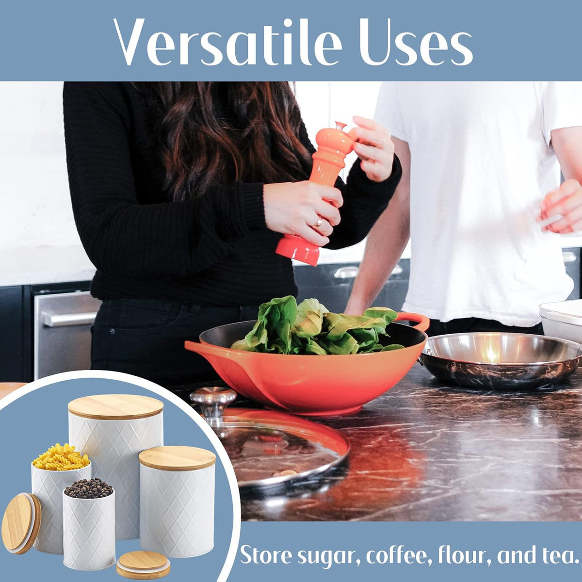 White Kitchen Canisters Set with Bamboo Lids, Airtight Sugar, Flour, Coffee, Cookie Storage
