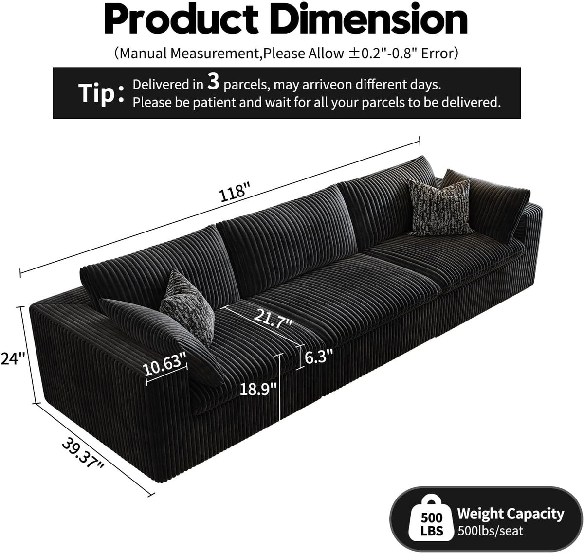 118" Cloud Couch Modular Sectional Sofa for Living Room,Modern Sofa with Deep Seat，3 Seater