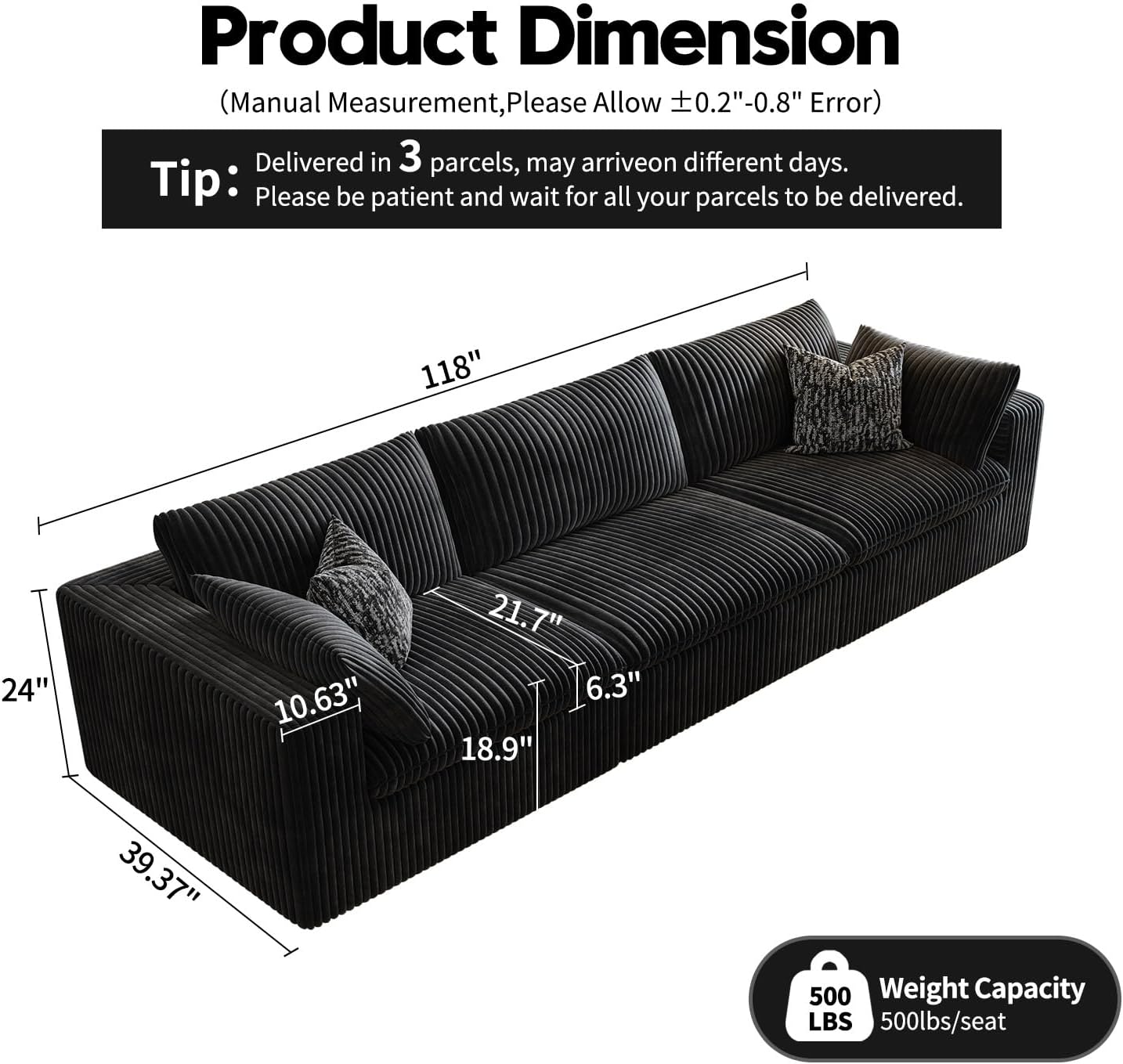 118" Cloud Couch Modular Sectional Sofa for Living Room,Modern Sofa with Deep Seat，3 Seater