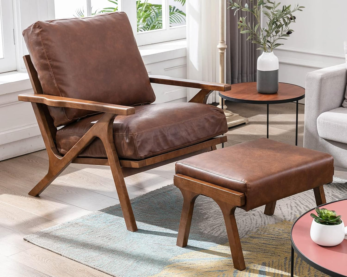 Mid Century Modern Accent Chair with Ottoman, Farmhouse PU Upholstered Living Room Armchair and