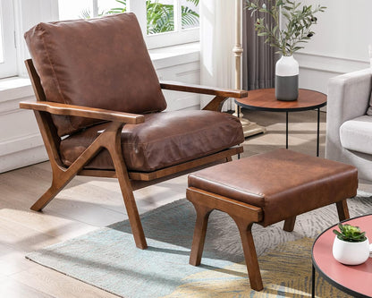 Mid Century Modern Accent Chair with Ottoman, Farmhouse PU Upholstered Living Room Armchair and