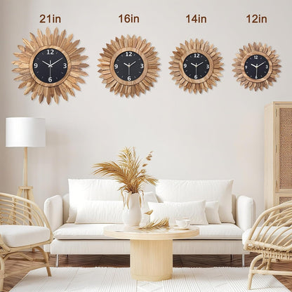 Honiway 16 Inch Wall Clocks, Rustic Wood Boho Sunburst Decorative Wall Clock Battery Operated