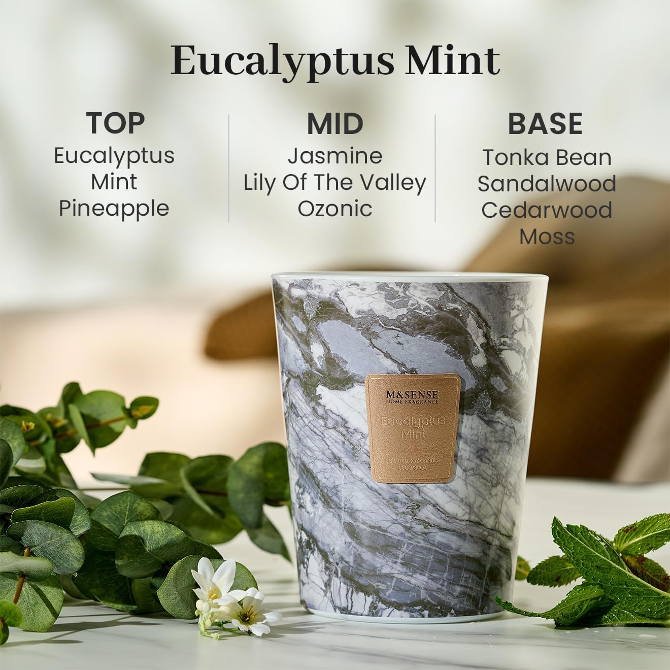 M&SENSE EucalyptusMint Scented Candles for Home, 3-Wick Highly Scented Jar Candles, Extra Large