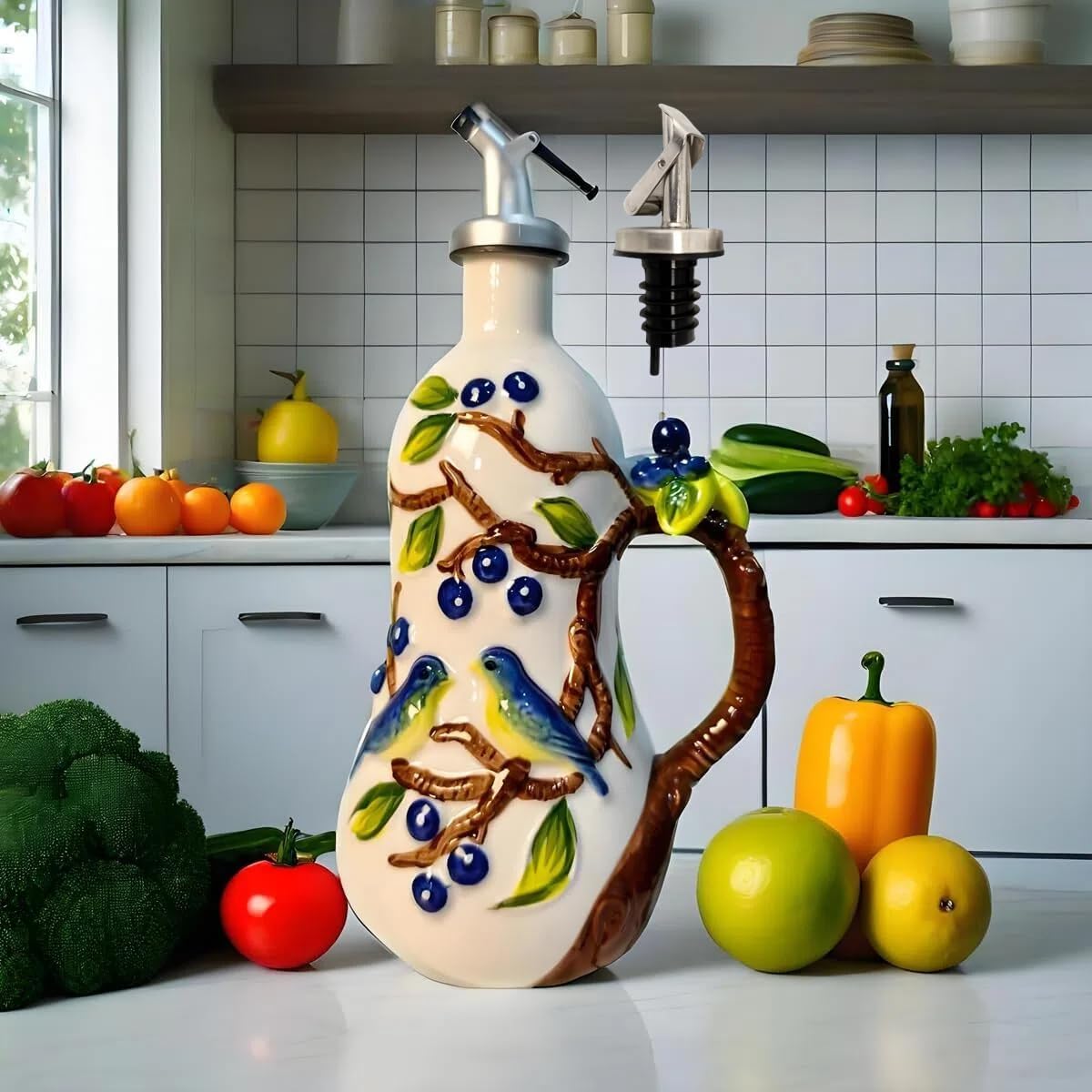 18 Oz Hand Painted Relief Ceramic Olive Oil Bottle Dispenser for Kitchen, Oil and Vinegar Bottle