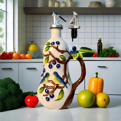 18 Oz Hand Painted Relief Ceramic Olive Oil Bottle Dispenser for Kitchen, Oil and Vinegar Bottle
