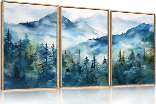 Celestdeco Blue Ridge Mountains Forest Framed Canvas Wall Art Set, Natural Landscape Wall Decor