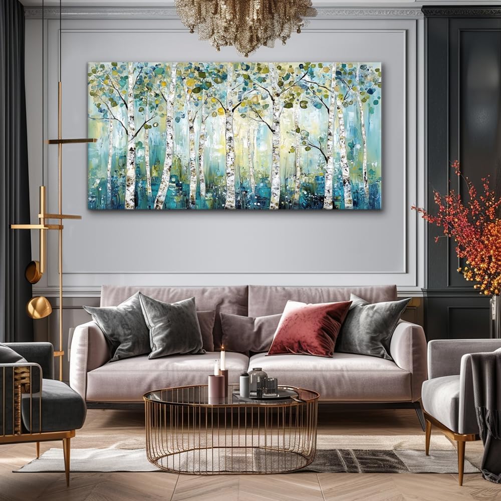 LASMOND Abstract Teal Grove Canvas Paintings Prints Modern Tree Wood Artwork Decor Wall Art for