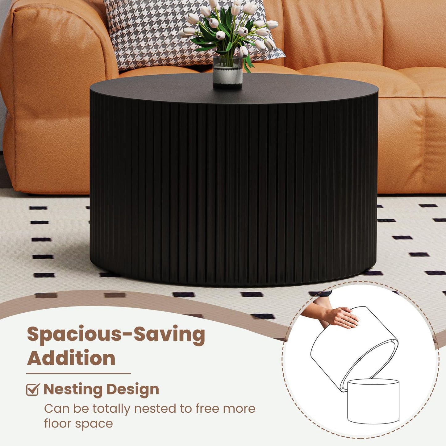 Round Nesting Coffee Table Wood Drum Nesting Tables Modern Stacking Coffee Table Set of 2 Fluted