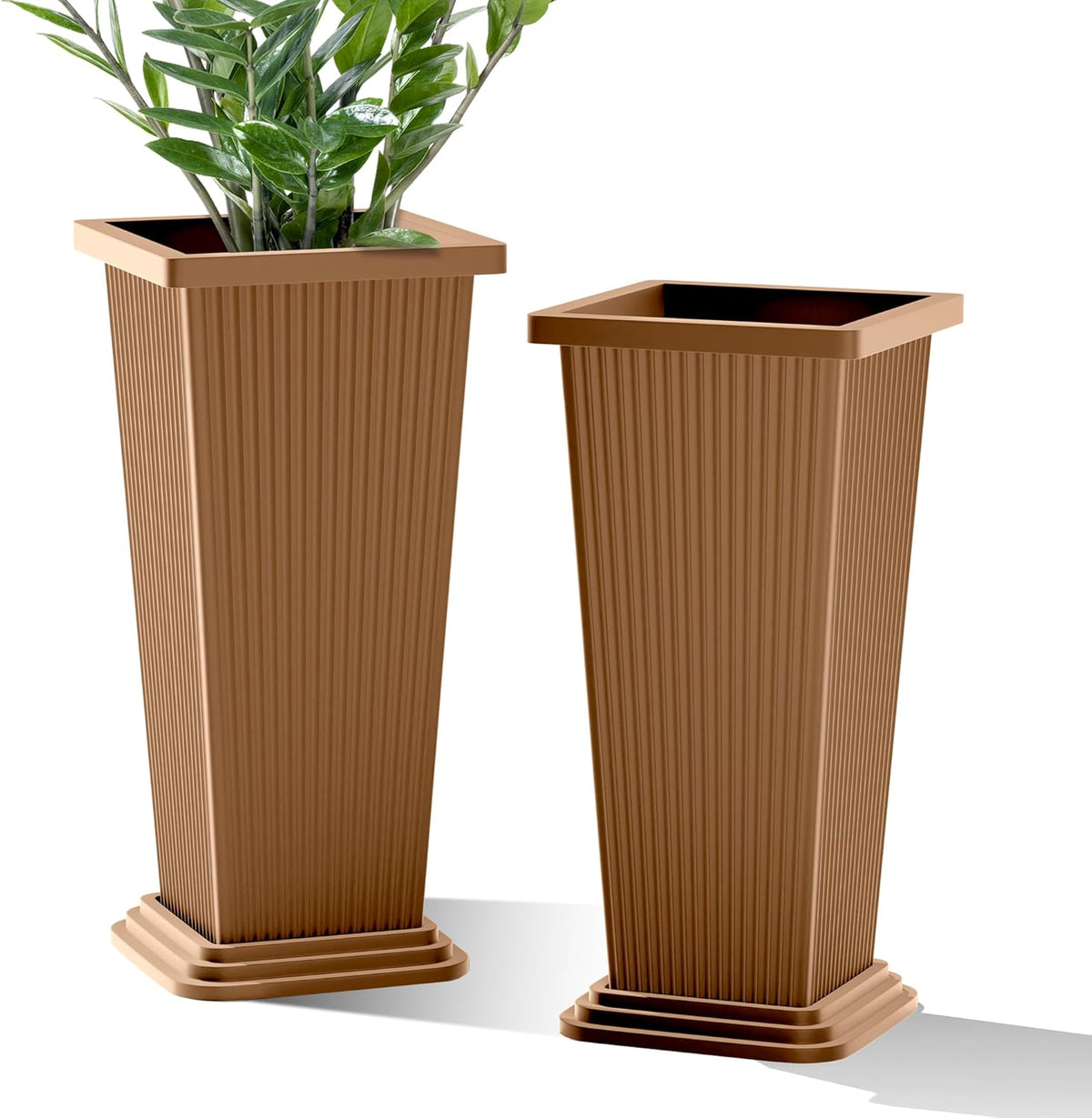 FENCY Set of 2 Tall Planters for Outdoor Plants, 24 Inch Large Tapered Pots with Drainage Trays
