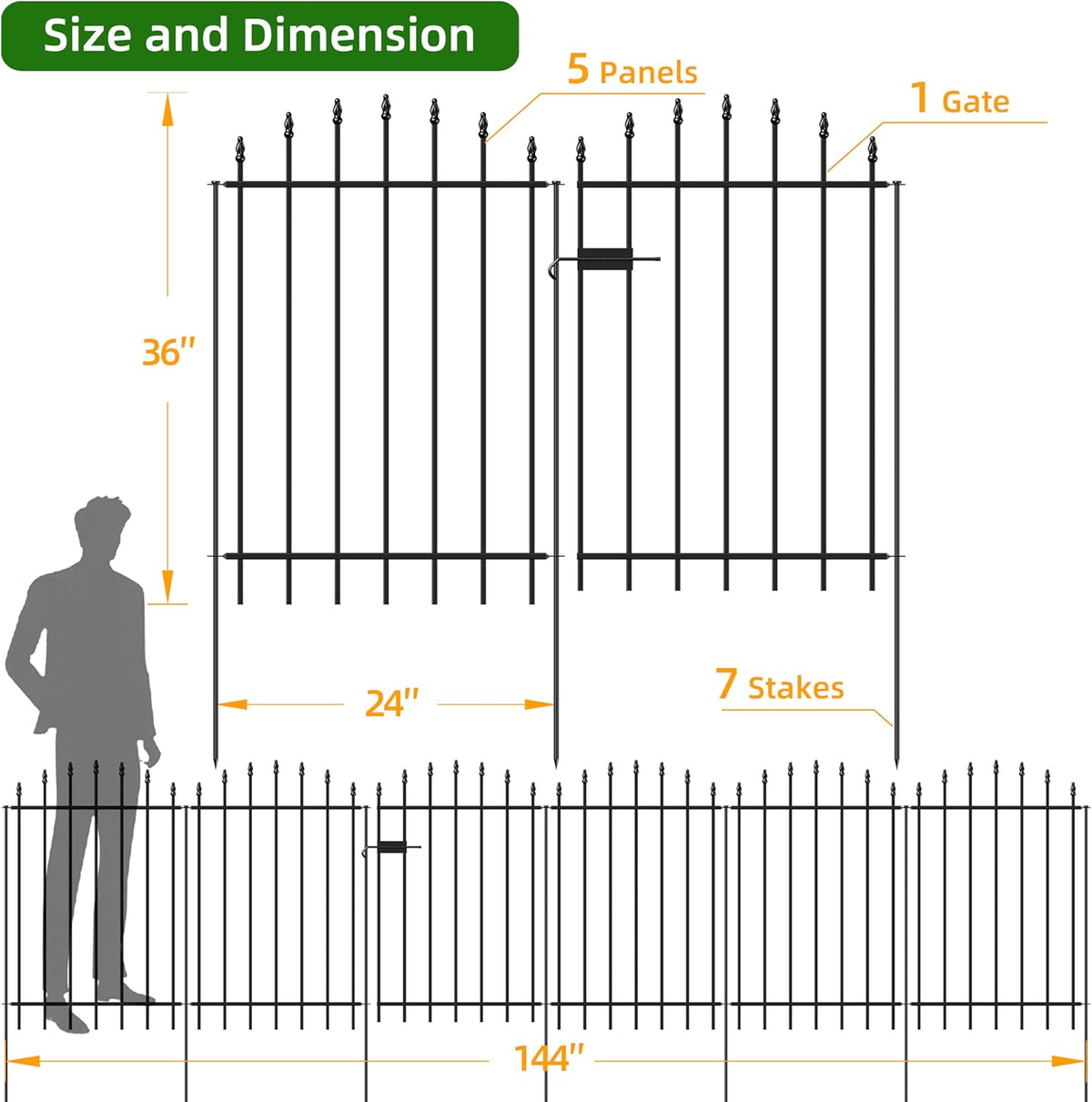 Metal Garden Fence with Gate 36 in H x 12 ft L, 1 Gate + 5 Panels Border Dog Fence Panels Animal