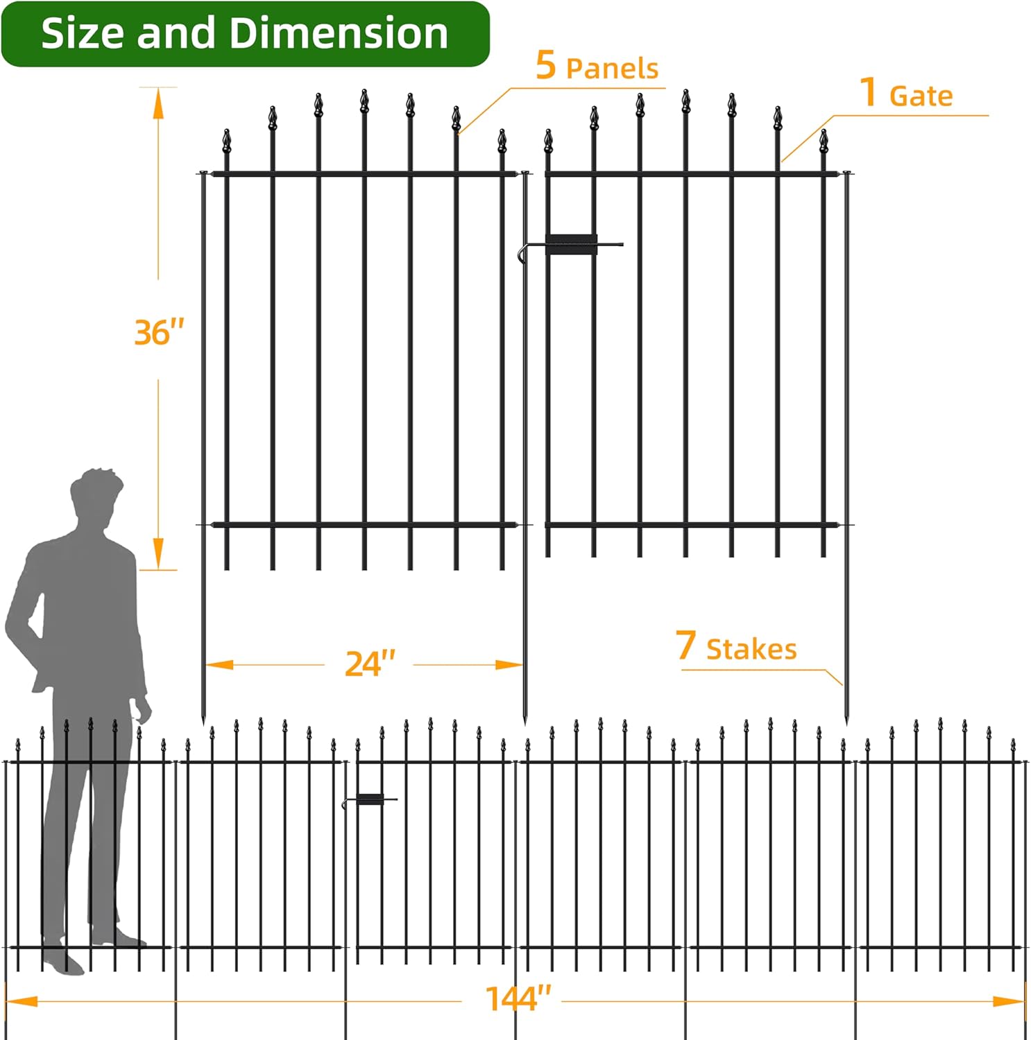 Metal Garden Fence with Gate 36 in H x 12 ft L, 1 Gate + 5 Panels Border Dog Fence Panels Animal